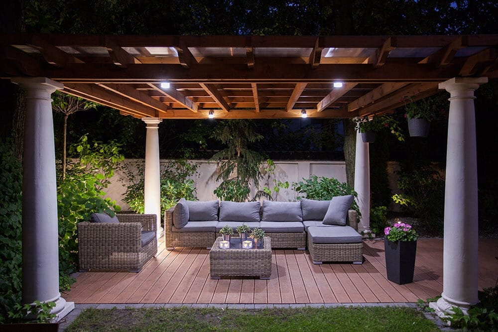 Contemporary landscape design with a pergola.