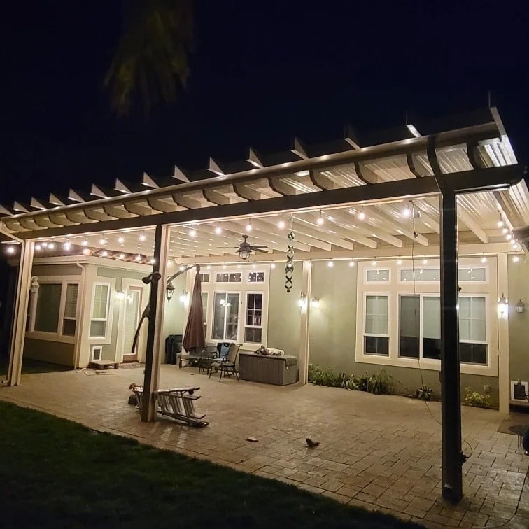 backyard pergola at night lights | Opulands Landscape Design & Construction patio cover at night lights