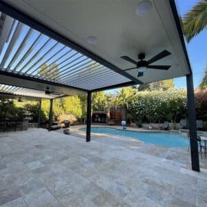 contemporary patio cover with fan and louvres