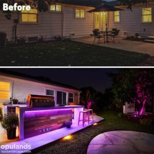 Backyard remodel with custom lighting and outdoor kitchen
