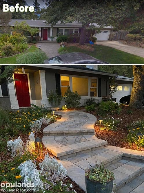 Before and after front yard landscaping remodel in San Jose showing curving paver walkway