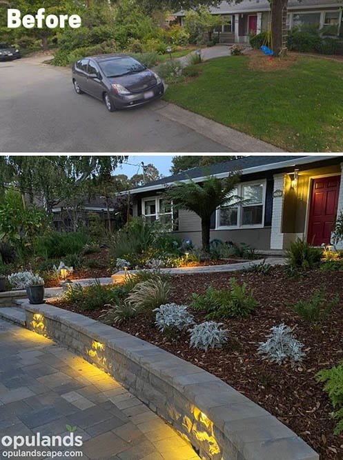 Before and after front yard landscaping remodel in San Jose showing drought resistant planting