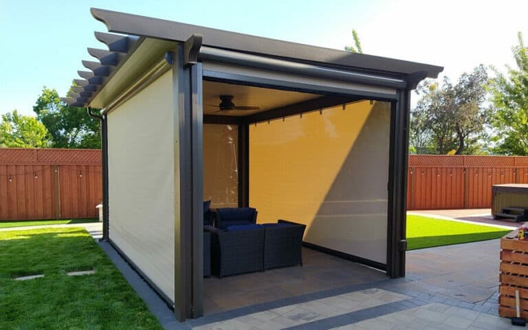Pergola with privacy curtains