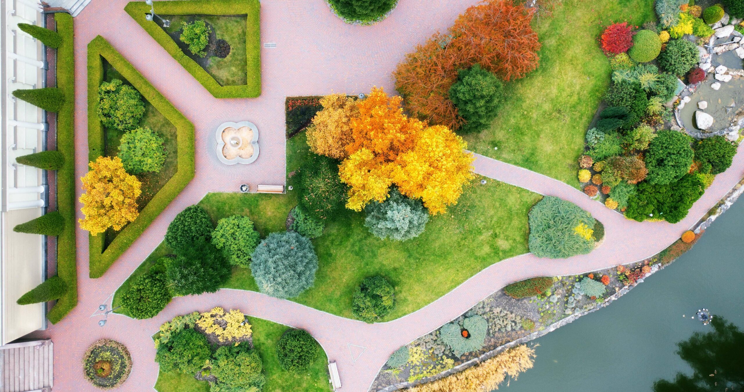 Aerial view of a front yard landscape