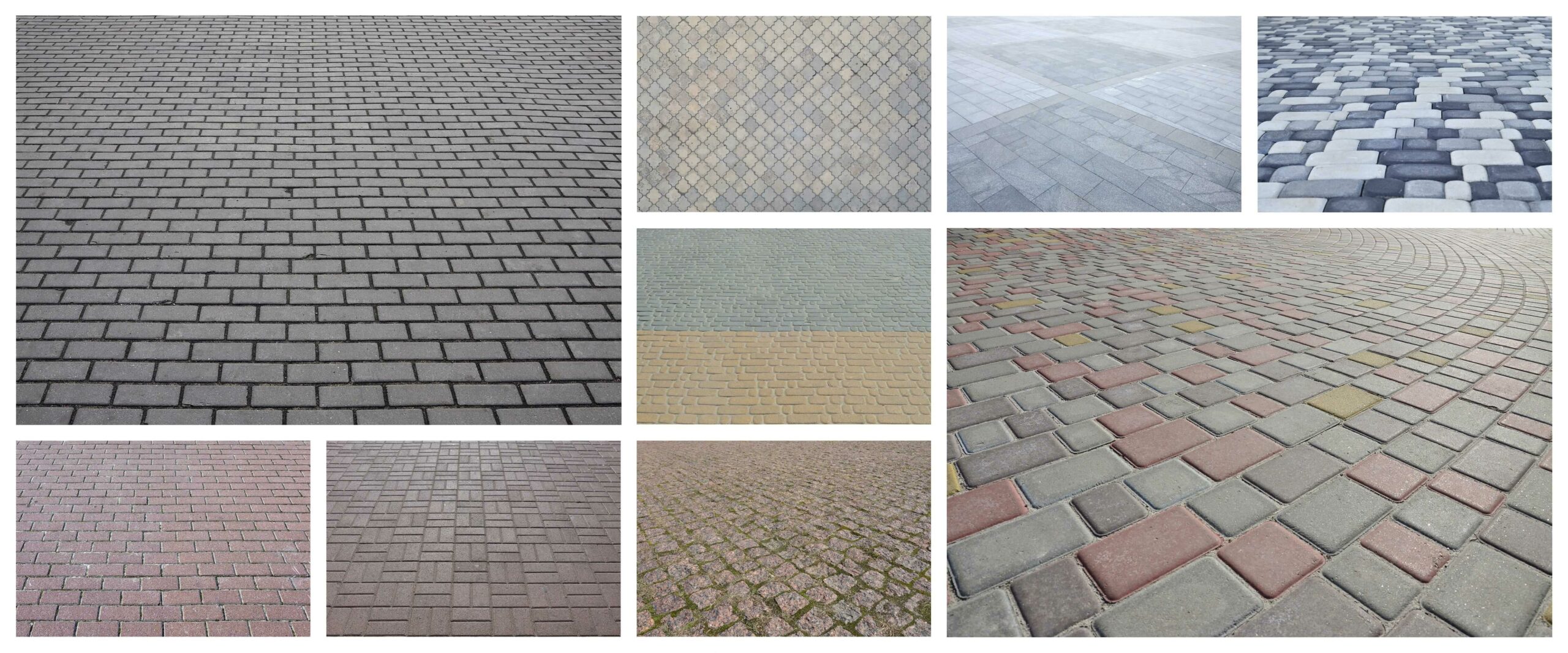 A collage of the different types of paver driveway designs available.